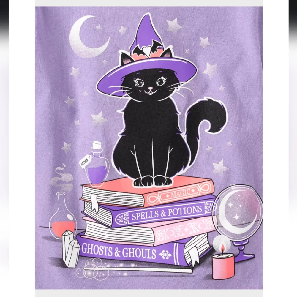 Girls Glow In The Dark Black Cat Witch Graphic Tee Size XL - Picture 3 of 11